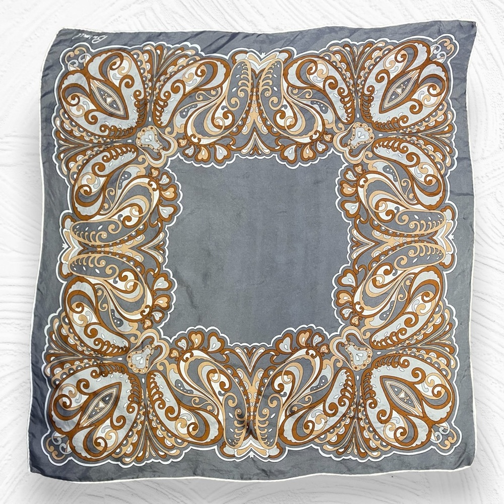 Burmel Vintage Grey Brown Tan White Square Scarf